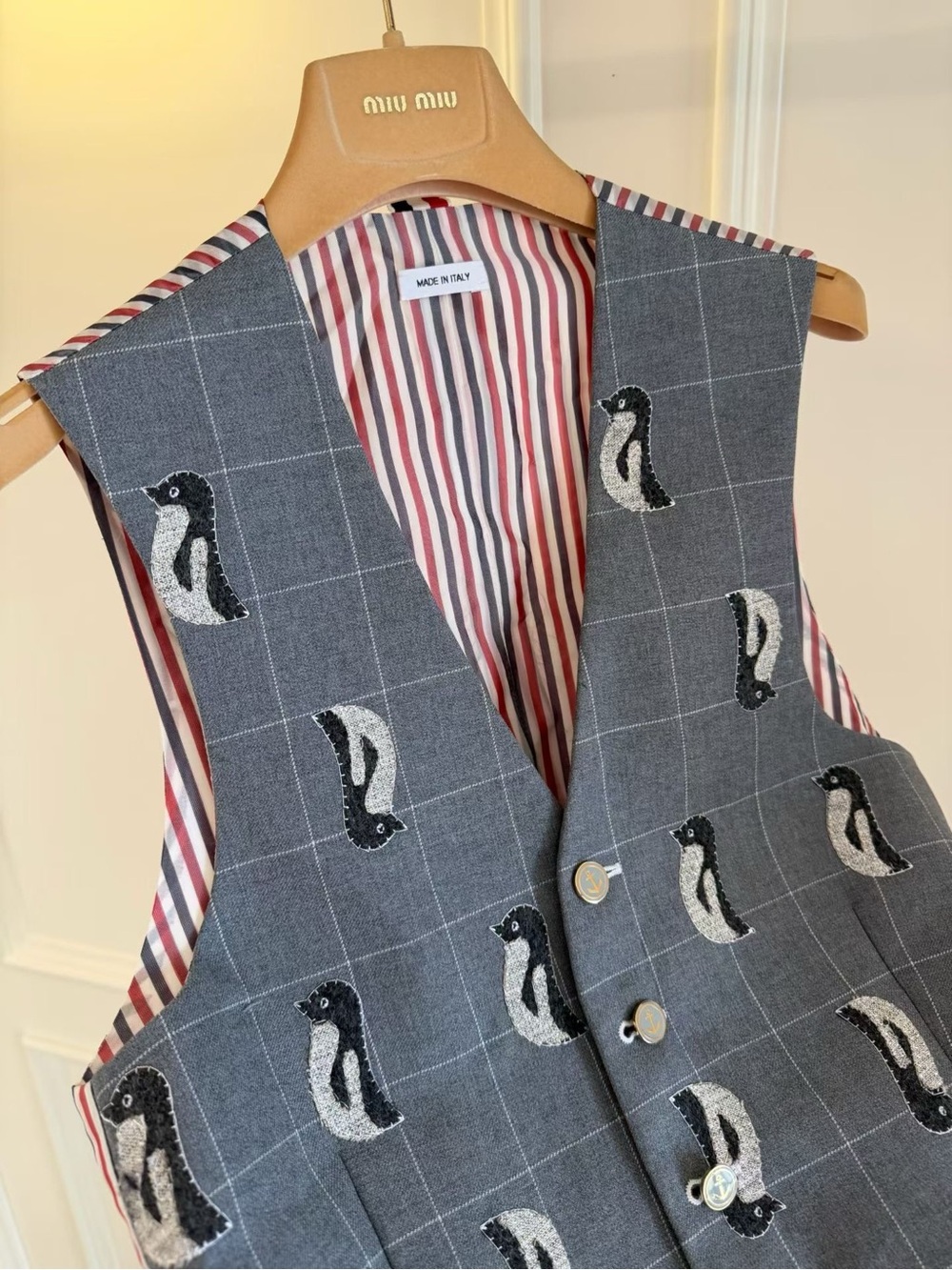 Thom Browne Gray Windowpane Penguin Motif Button Vest - Picture 3 of 6